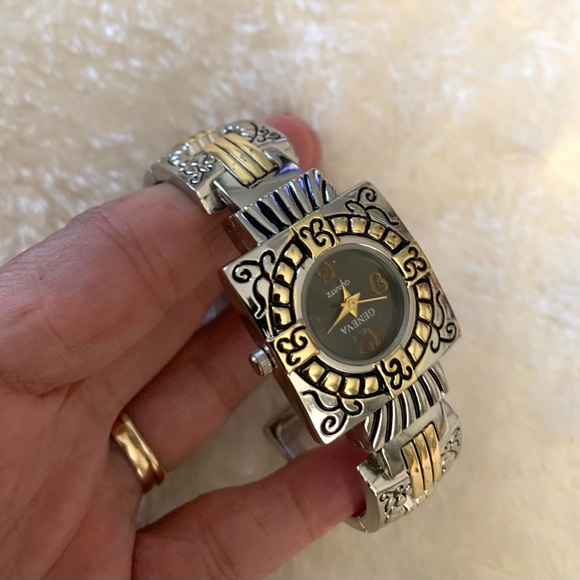 Silver & Gold Cuff Watch Geneva bracelet watch mixed metal - Picture 7 of 11